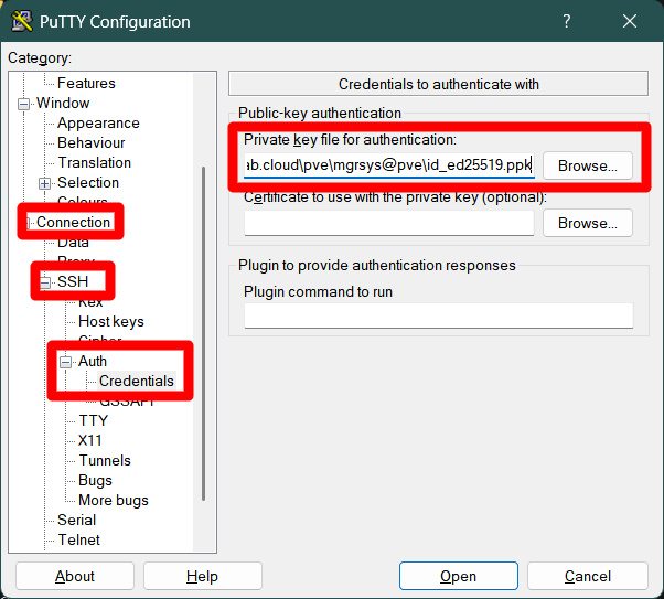 PuTTY connection SSH Auth Credentials with private key located for mgrsys user