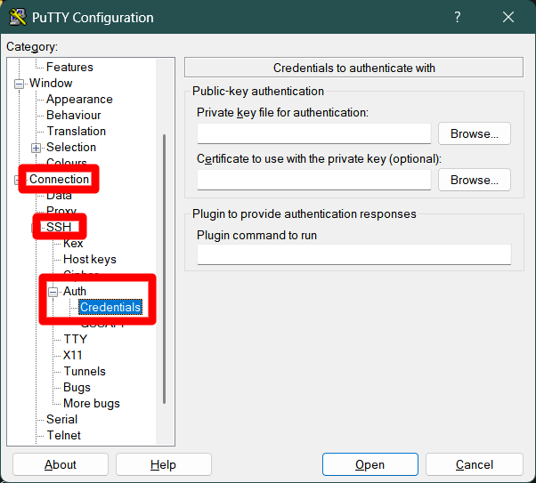 PuTTY connection SSH Auth Credentials section