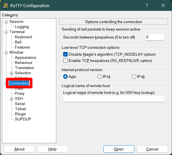 PuTTY connection configuration section
