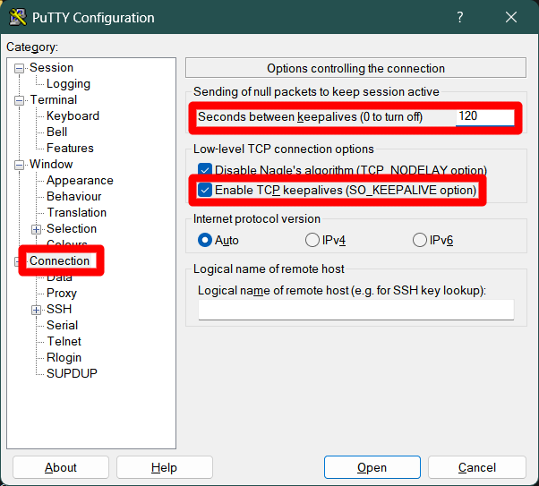 PuTTY connection configuration section with keepalive enabled