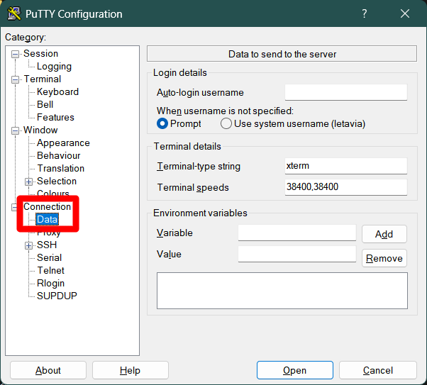 PuTTY connection data configuration subsection