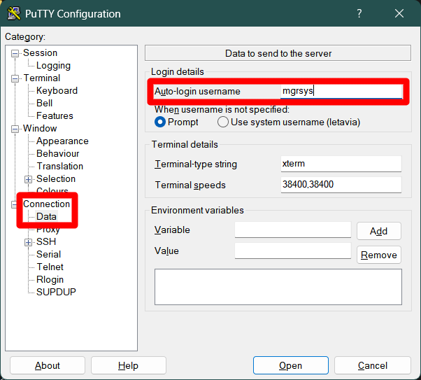 PuTTY connection data configuration subsection