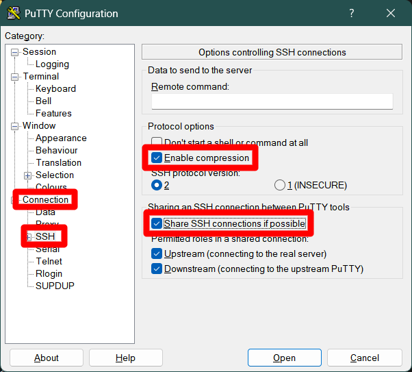 PuTTY connection SSH configuration with compression and connection sharing