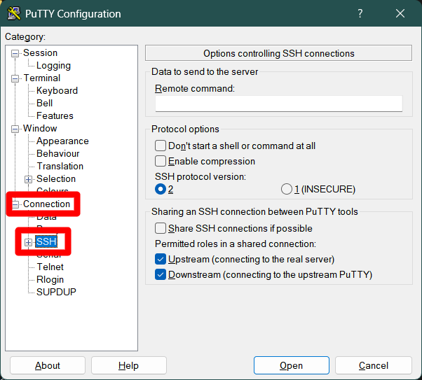 PuTTY connection SSH configuration subsection
