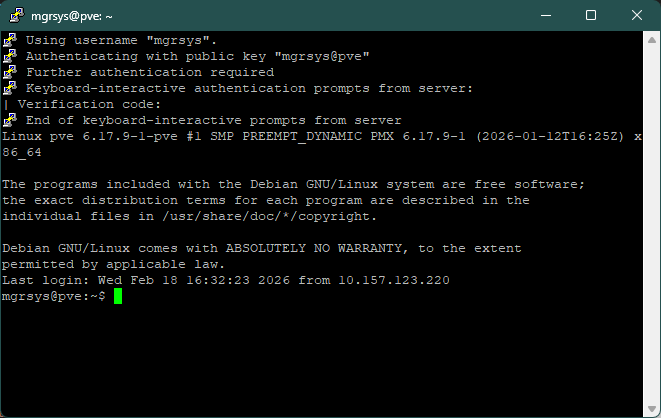 Connection established as mgrsys with pve node