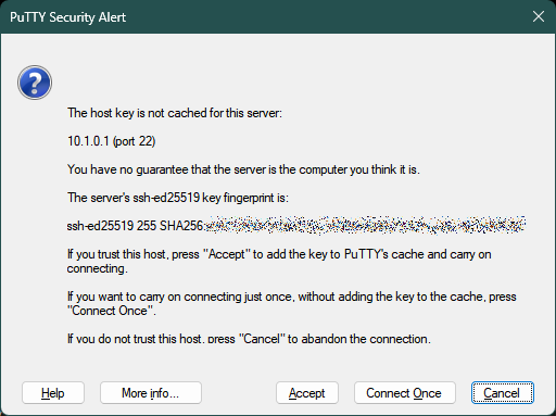 PuTTY security alert about server fingerprint