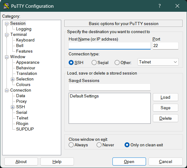 PuTTY session basic options section