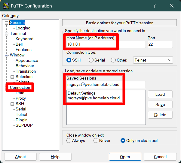 PuTTY session basic options session mgrsys@pve.homelab.cloud saved
