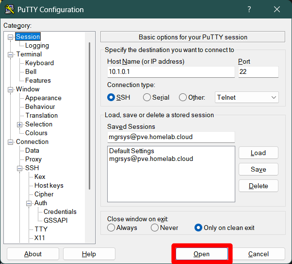 PuTTY session configuration section open button