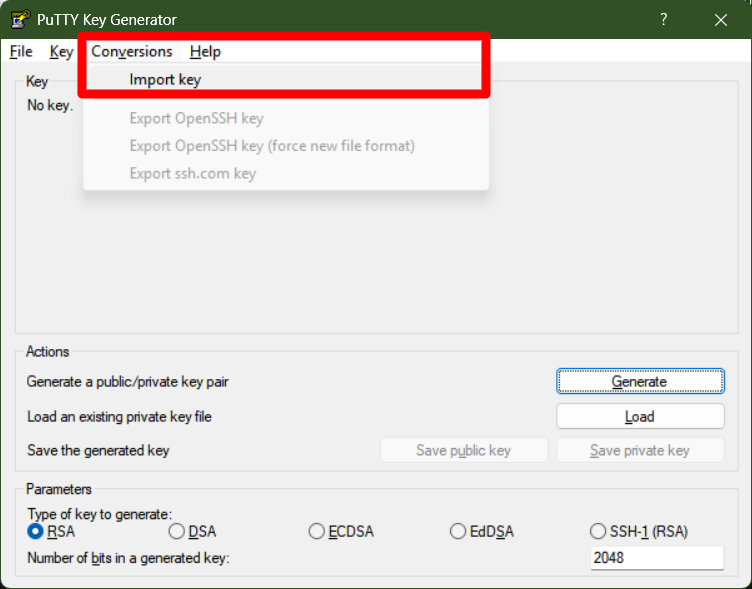 PuTTYgen Import key option