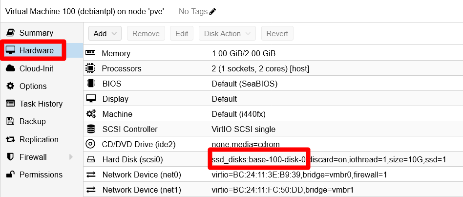 VM template’s Hardware view