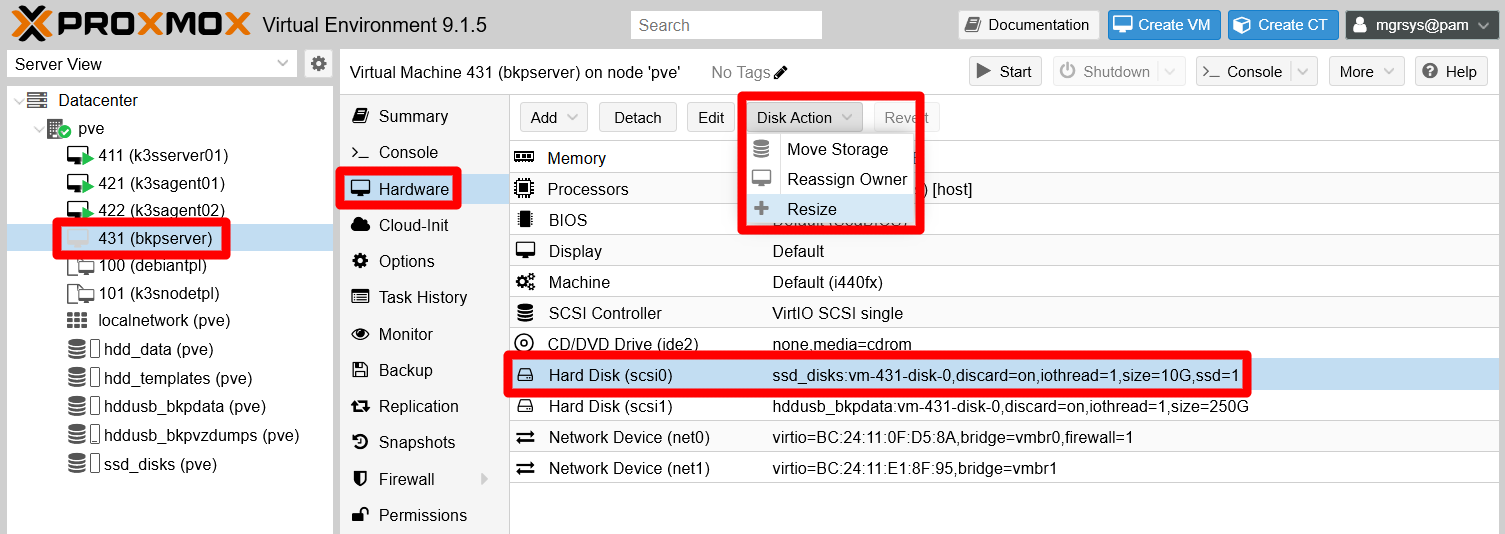 Disk actions menu enabled for chosen bkpserver hard disk scsi0