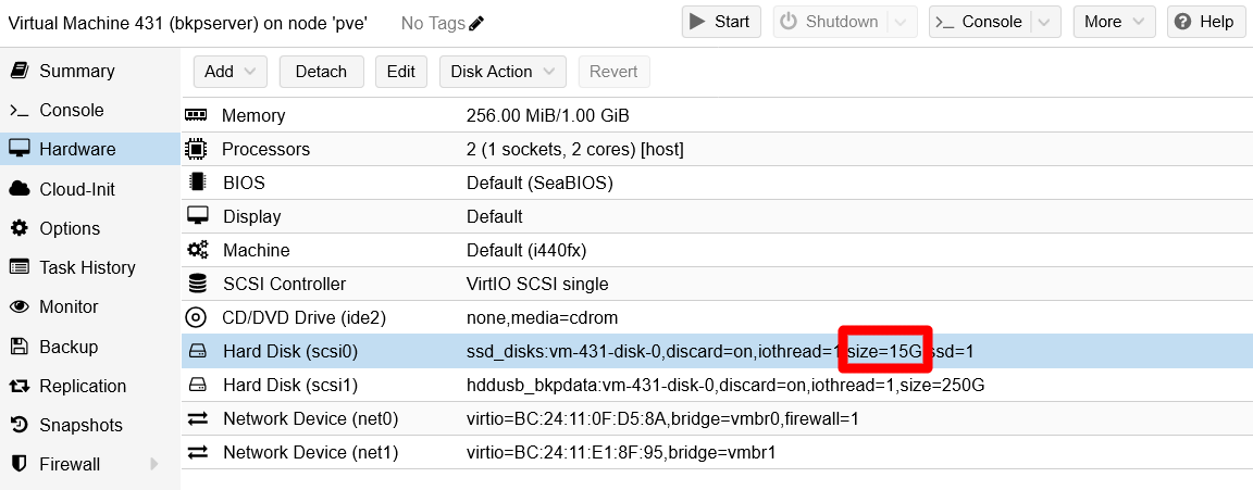 bkpserver hard disk scsi0 resized