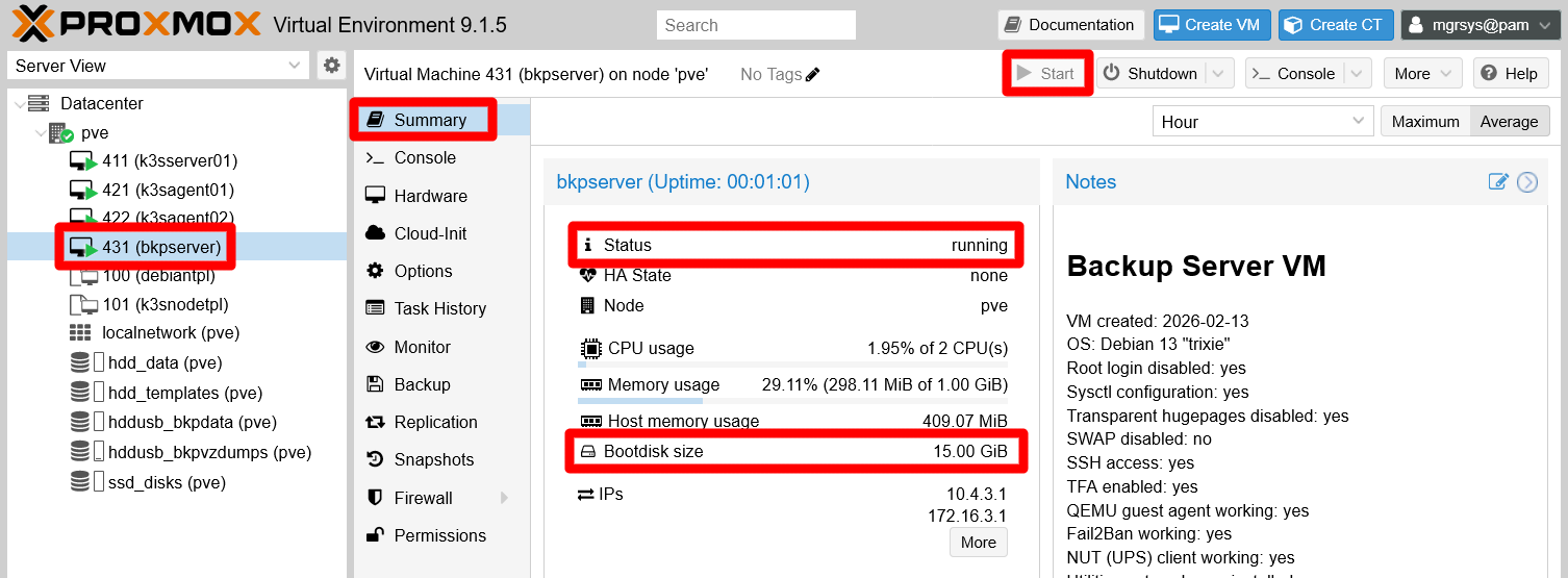 bkpserver VM shown running in its summary view