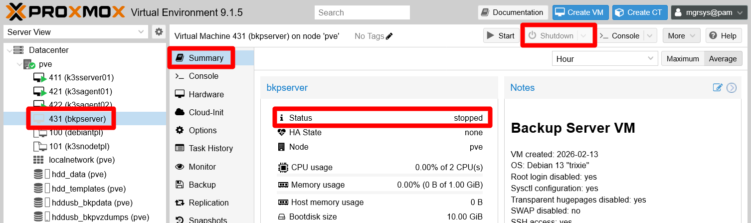 bkpserver VM shown stopped in its summary view