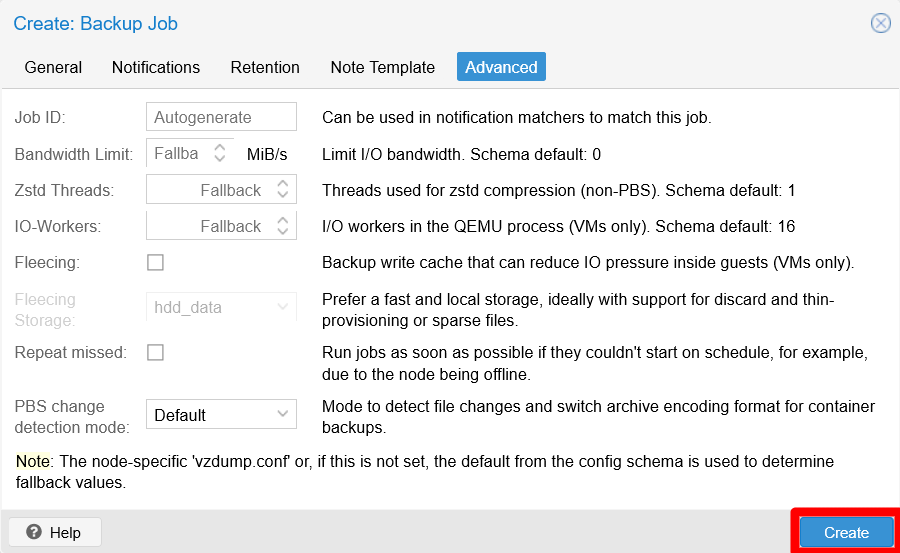 Create button in Create backup job window