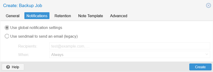 Notifications tab in Create backup job window