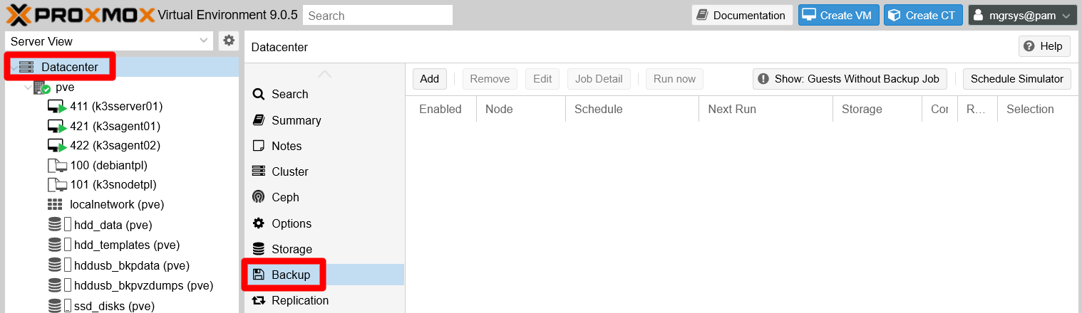 PVE Datacenter Backup page