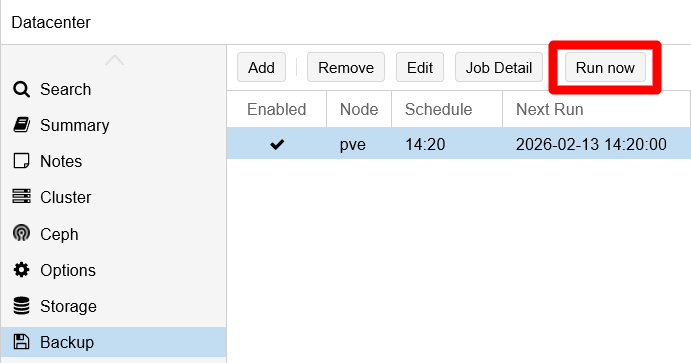 Backup job Run now button