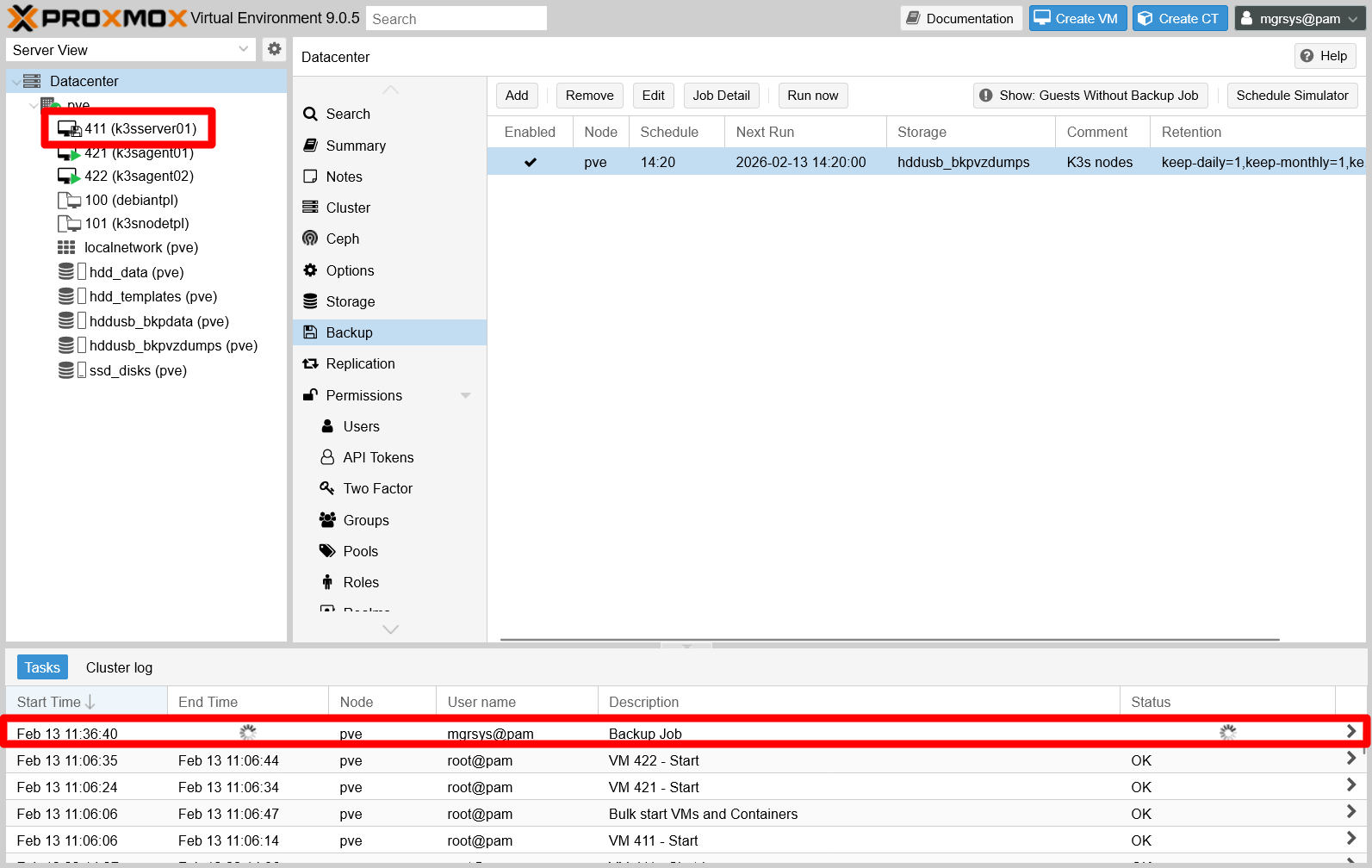 Backup job running shown in Tasks console