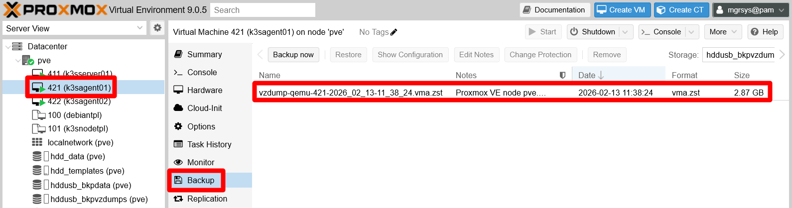 Backup page of k3sagent01 VM