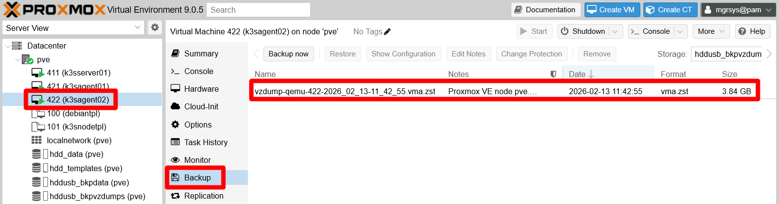 Backup page of k3sagent02 VM