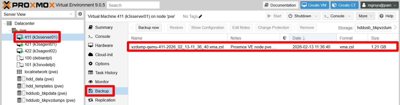 Backup page of k3sserver01 VM