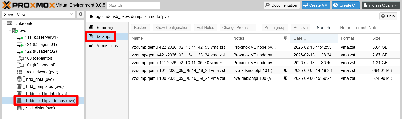 hddusb_bkppvzdumps storage page backups tab