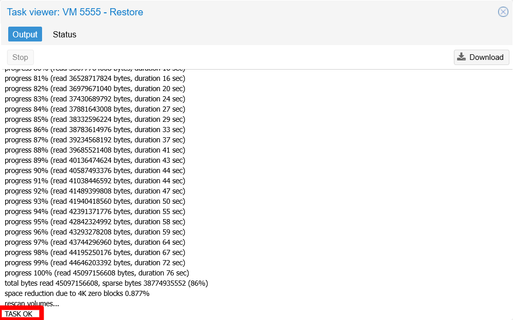 Restore process progress window