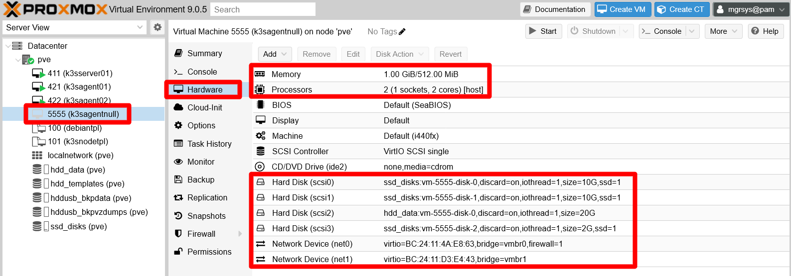Hardware tab of new VM