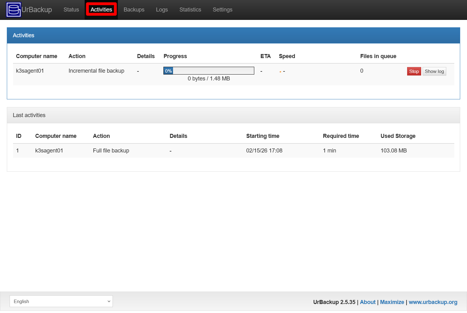 UrBackup server Activities one incremental backup job running