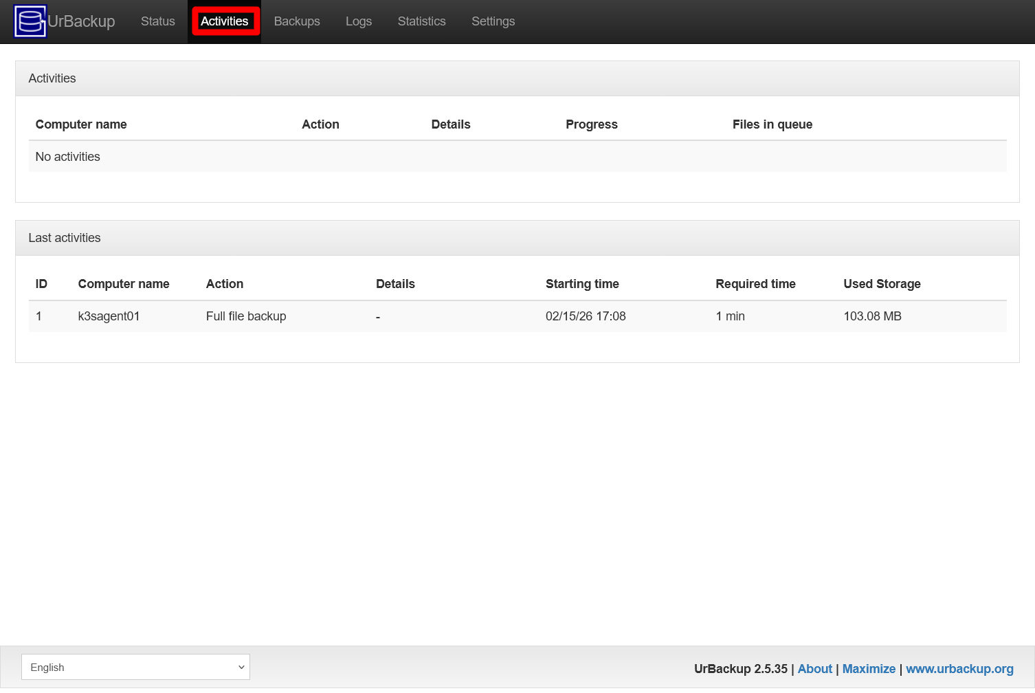 “UrBackup server Activities page”