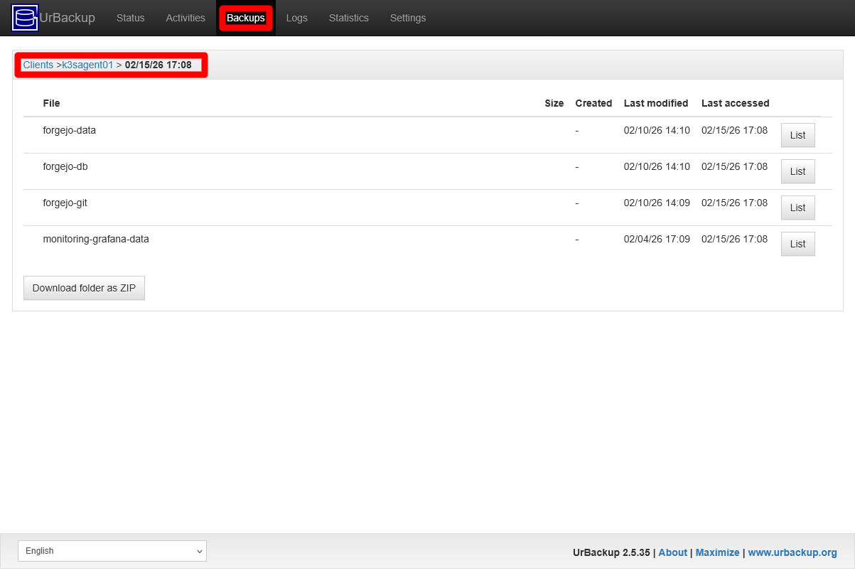 UrBackup server Backups client k3sagent01 backup file browser