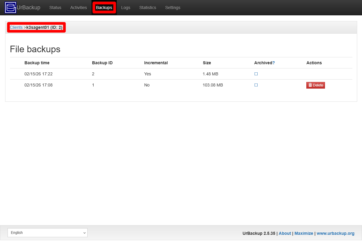 UrBackup server Backups client k3sagent01 page