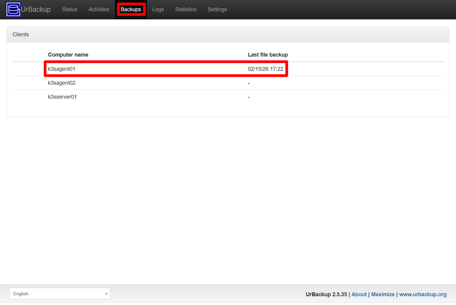 UrBackup server Backups page