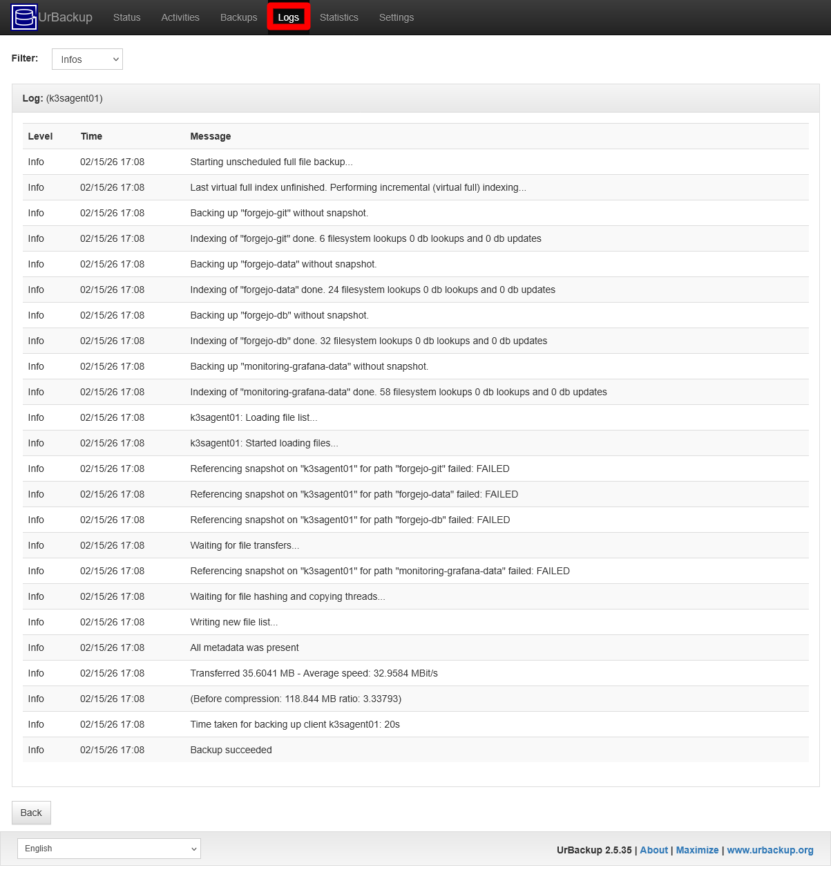 UrBackup server Logs k3sagent01 backup log