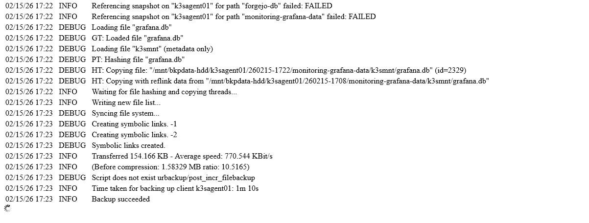 UrBackup server Logs client k3sagent01 client log