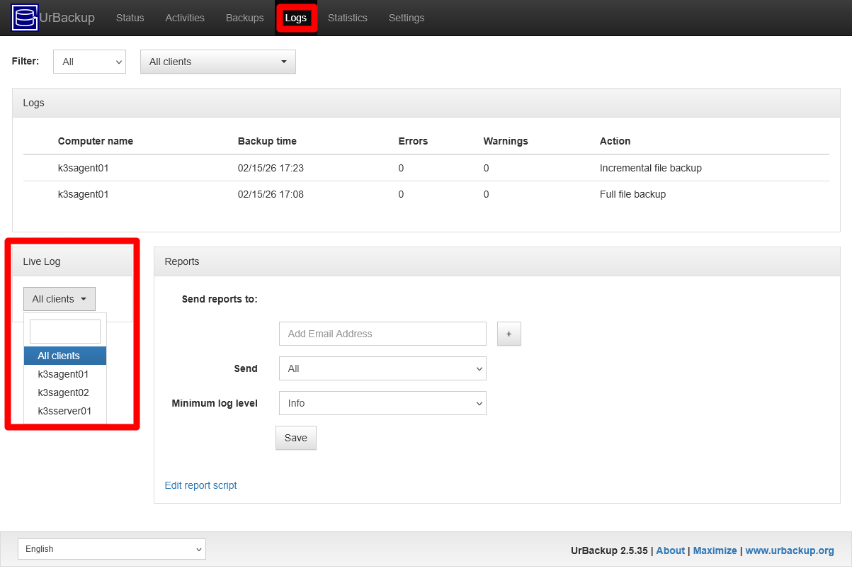 UrBackup server Logs Live Log clients list