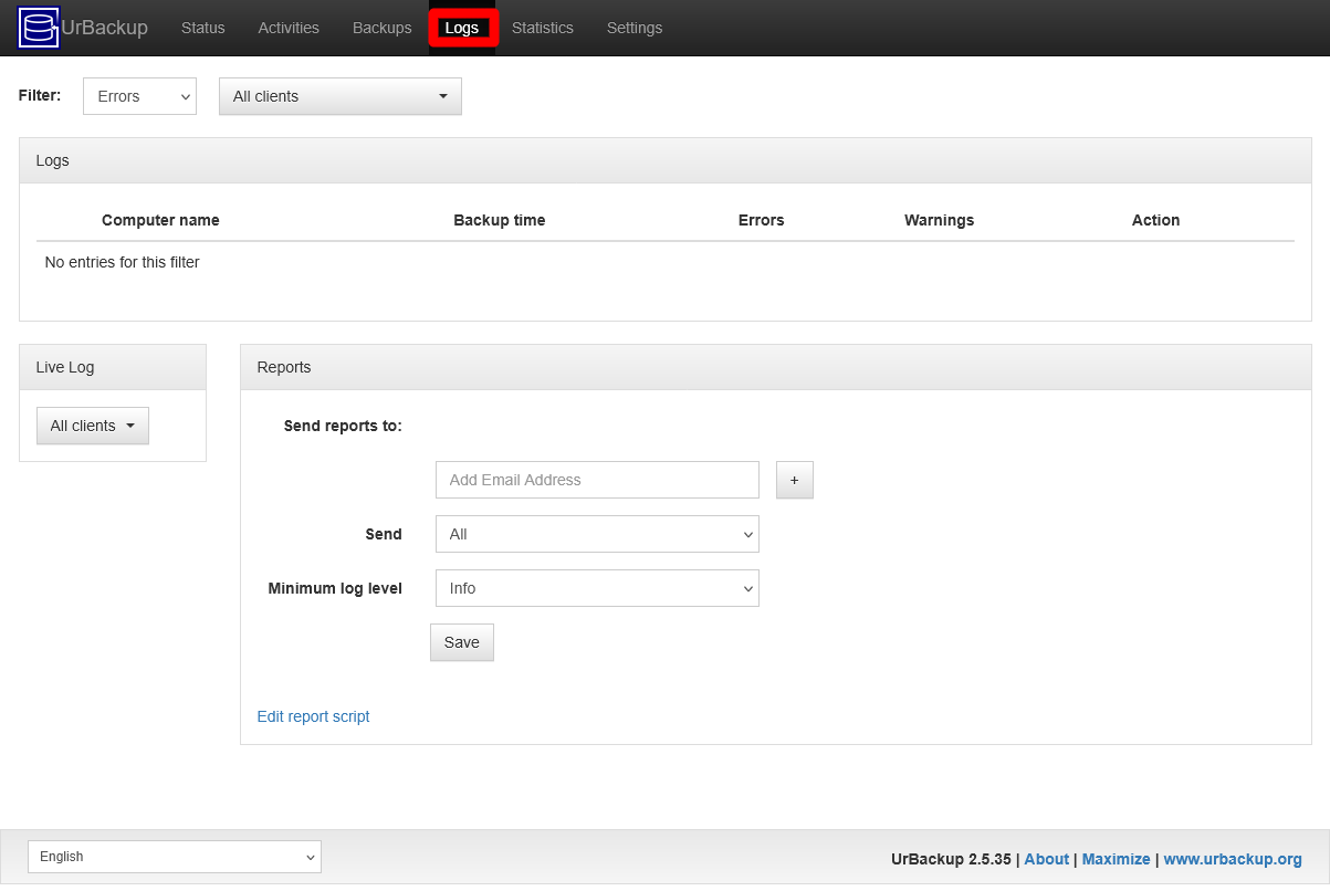 UrBackup server Logs page