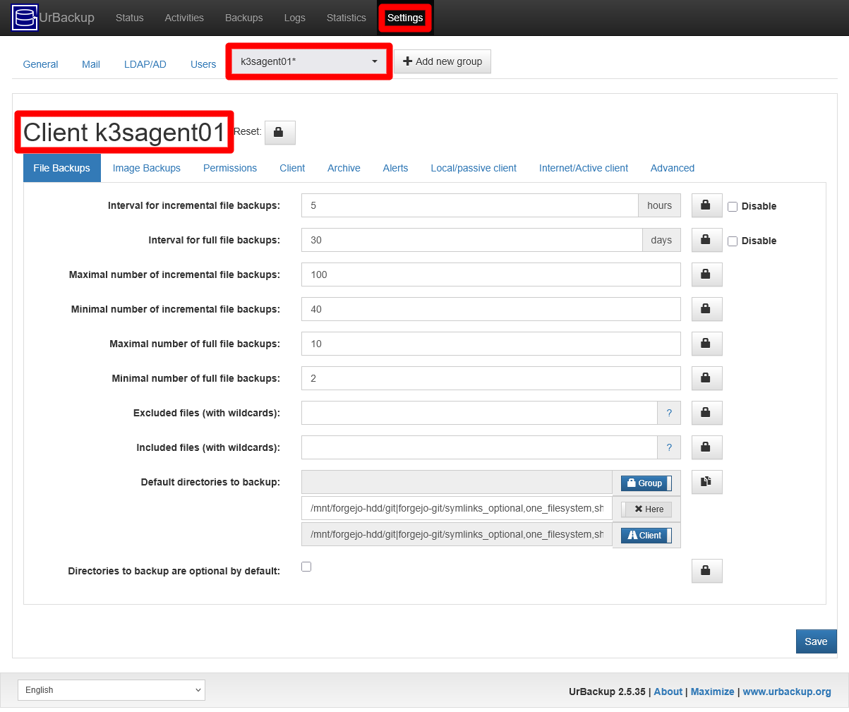Client k3sagent01 Settings File Backups tab