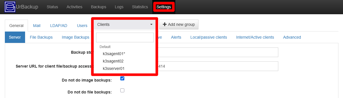 UrBackup server Settings Clients list