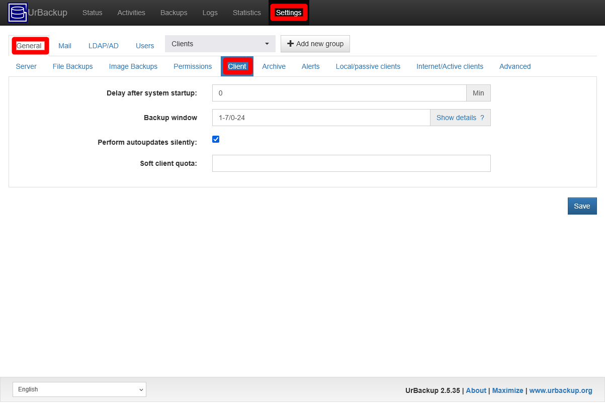 UrBackup server Settings General Client tab