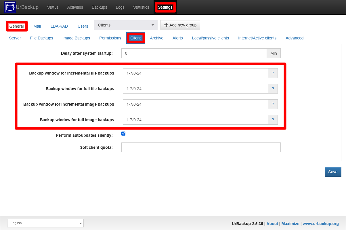 UrBackup server Settings General Client Backup Window all fields