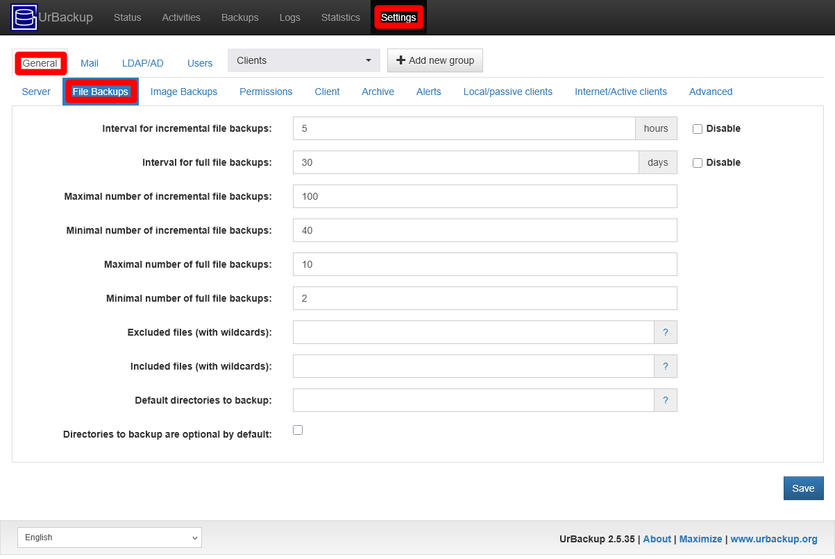 UrBackup server Settings General File Backups tab