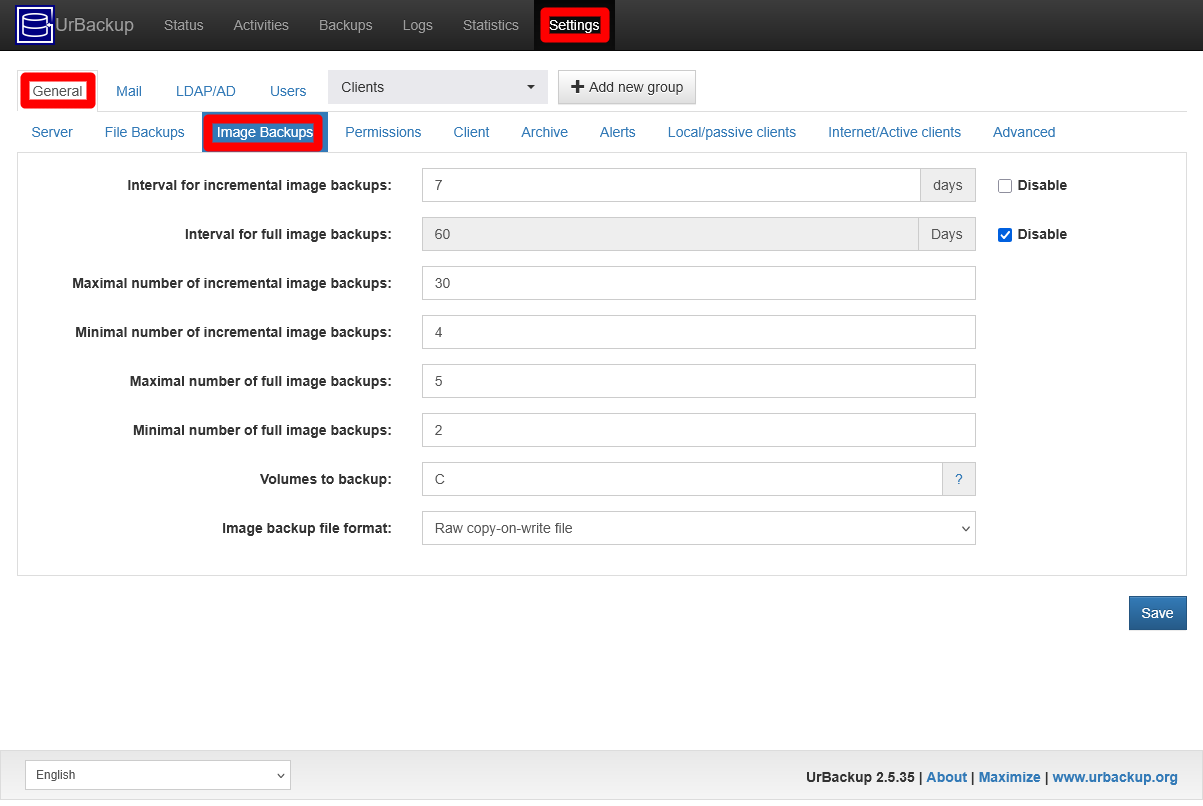 UrBackup server Settings General Image Backups tab