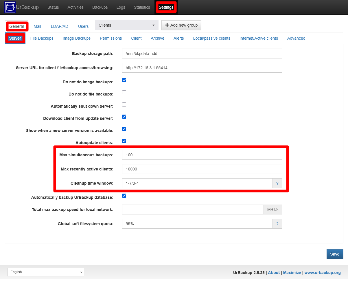 UrBackup server Settings General Server tab