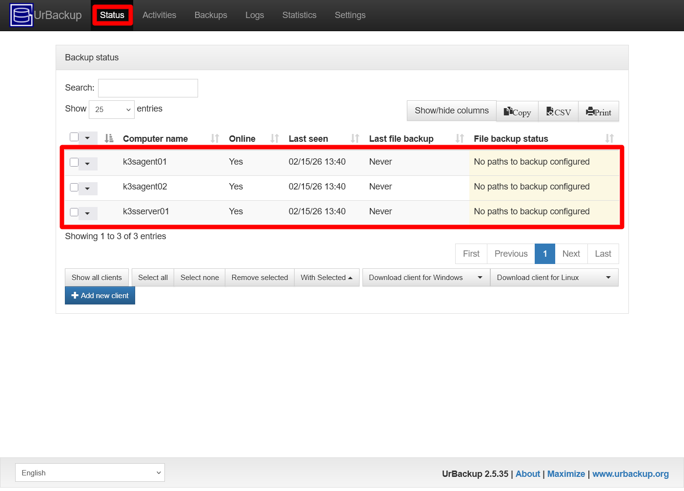 UrBackup server Status clients autodetected