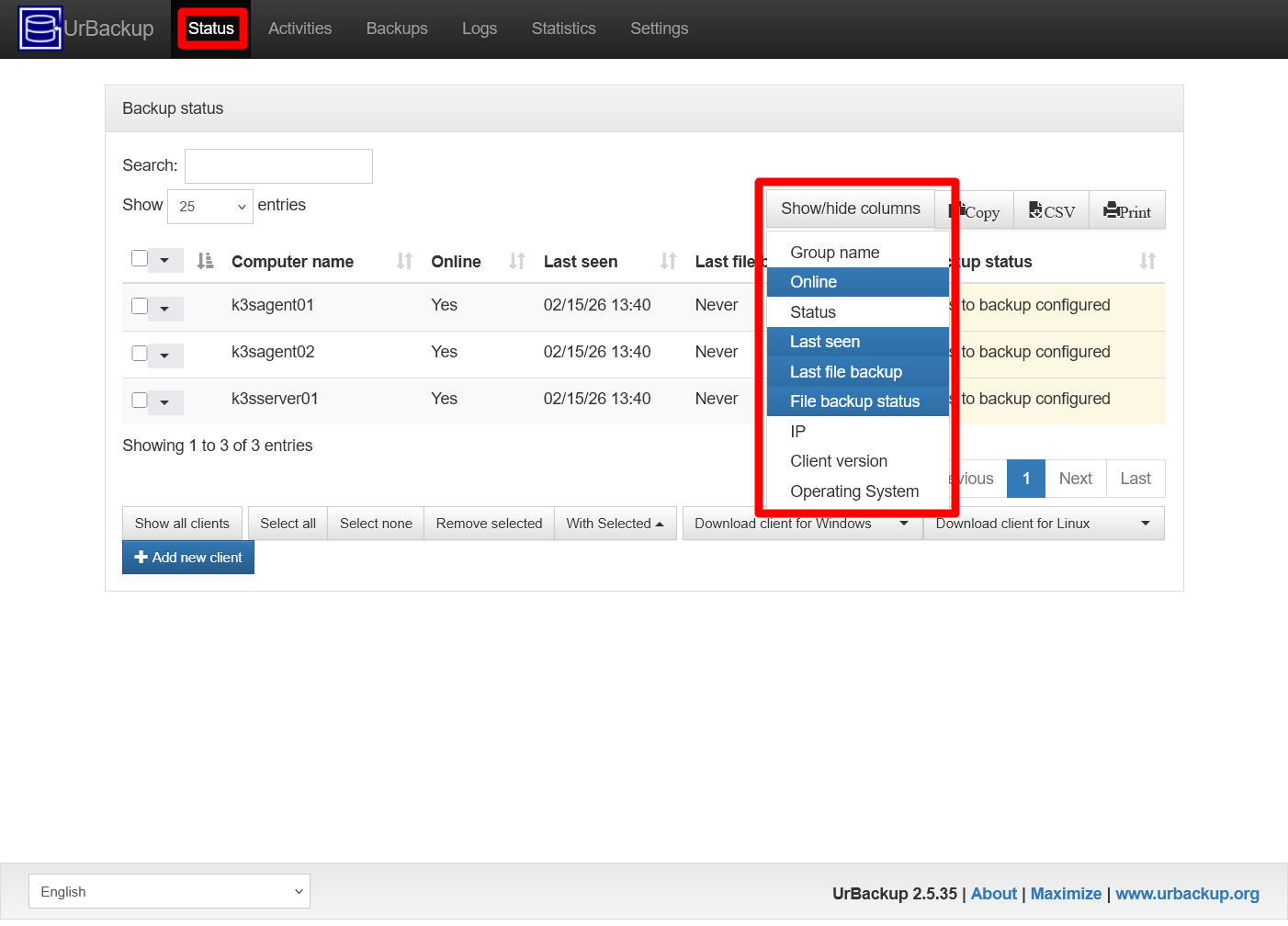 UrBackup server Status clients extra columns available