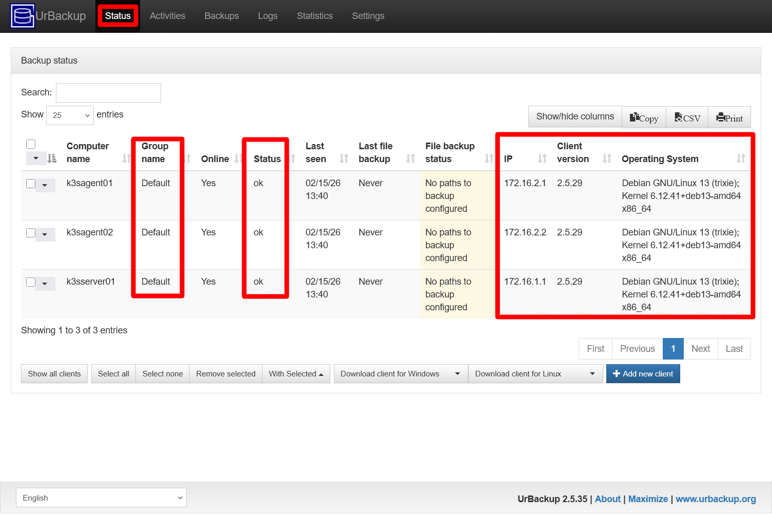 UrBackup server Status clients extra columns enabled