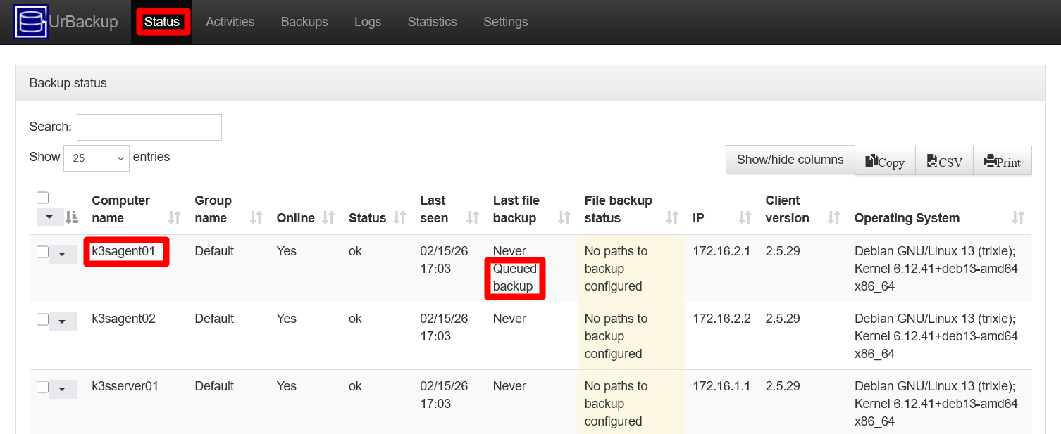 UrBackup server Status client k3sagent01 file backup queued